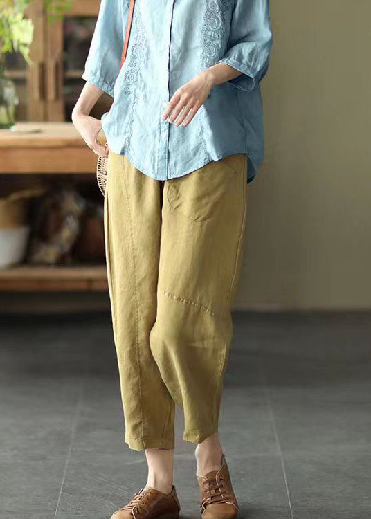 Boutique Yellow Pockets Patchwork Linen Crop Pants Summer LY0585 - fabuloryshop