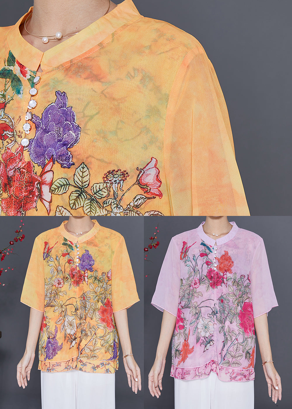 Boutique Yellow Print Chiffon Fake Two Piece Shirt Tops Summer LY7664
