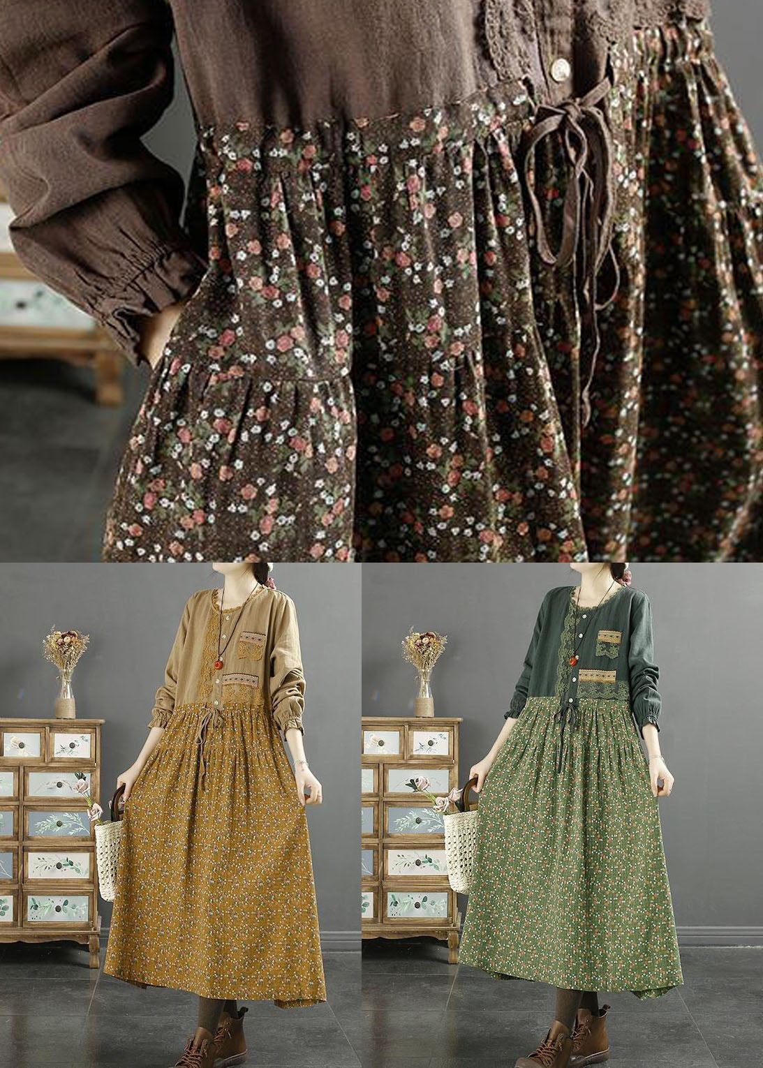 Boutique Yellow Print Drawstring Patchwork Cotton Dress Long Sleeve LY2554 - fabuloryshop
