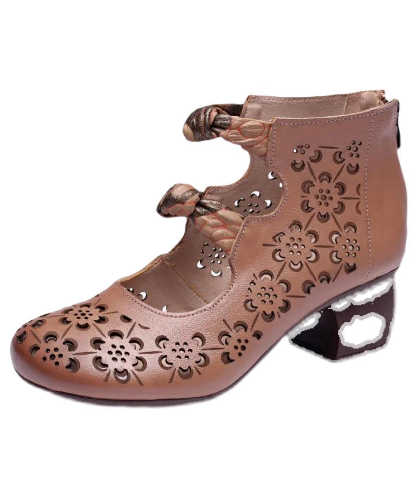 Brown High Heels Chunky Cowhide Leather Vintage Hollow Out High Heels LC0538 - fabuloryshop