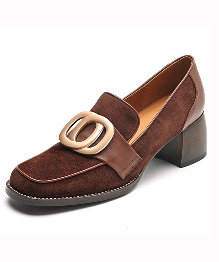 Brown Retro Chunky Suede Simple Splicing Metal Buckle Ada Fashion