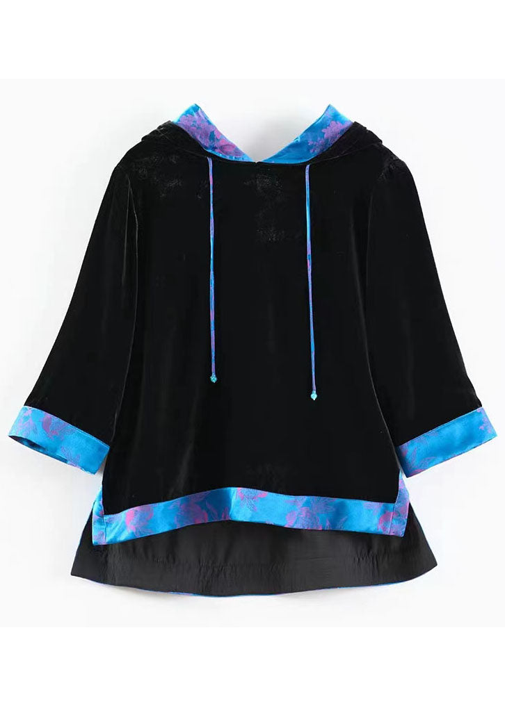 Casual Black Hooded Patchwork Silk Velour Pullover Sweatshirt Half sleeve LY8179