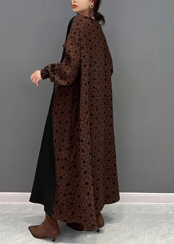 Casual Brown O Neck Wrinkled Print Patchwork Cotton Long Dresses Fall Ada Fashion