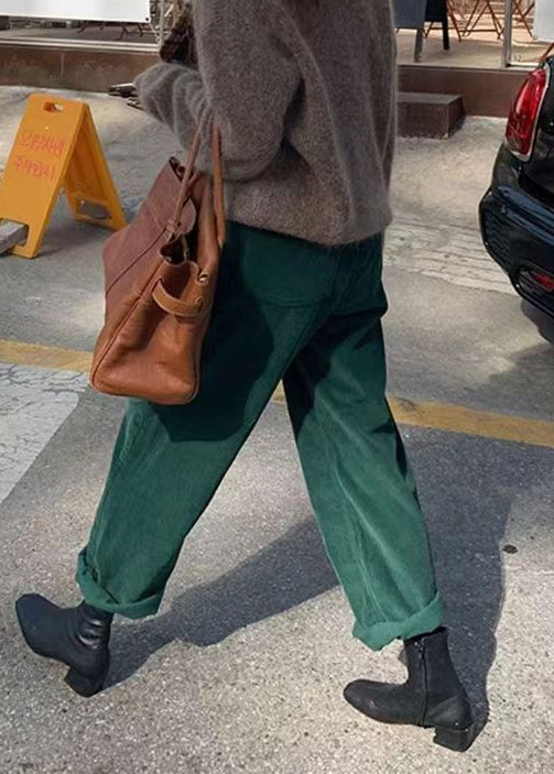 Casual Green Pockets Corduroy Straight Pants Fall Ada Fashion