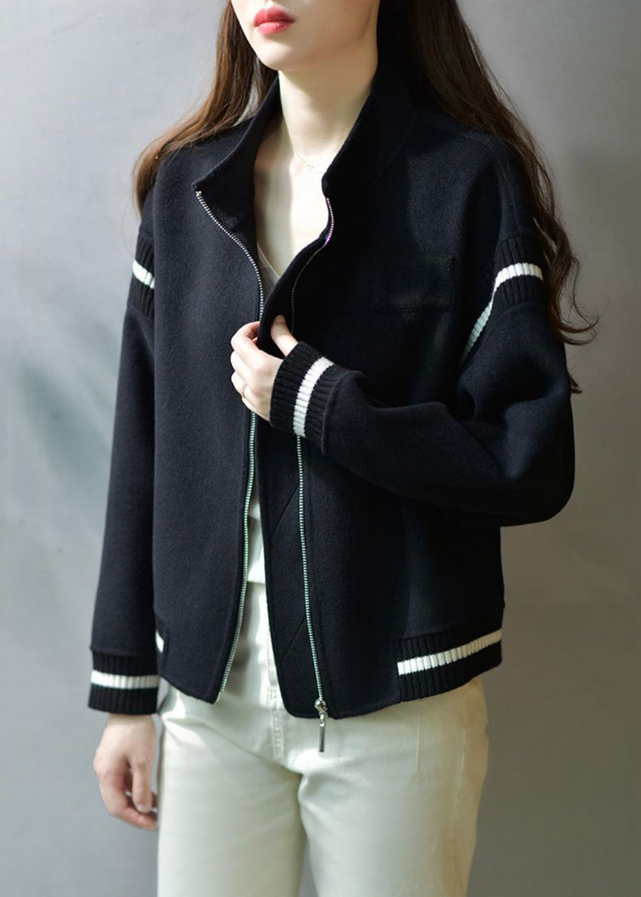 Casual Green Stand Collar Zip Up Patchwork Woolen Coats Fall Ada Fashion