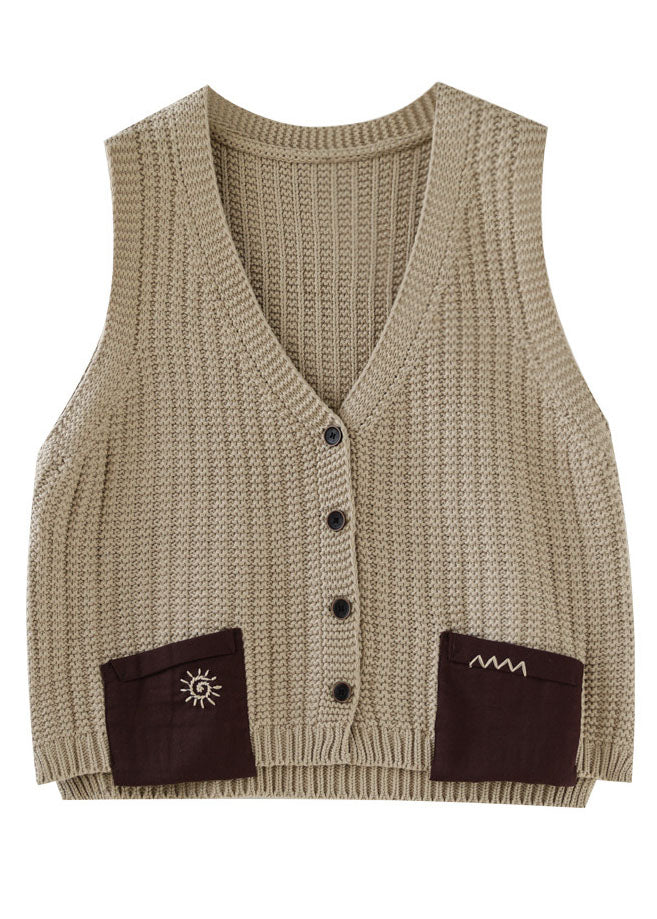 Casual Khaki Oversized Patchwork Pockets Knit Vest Sleeveless TG1057 - fabuloryshop