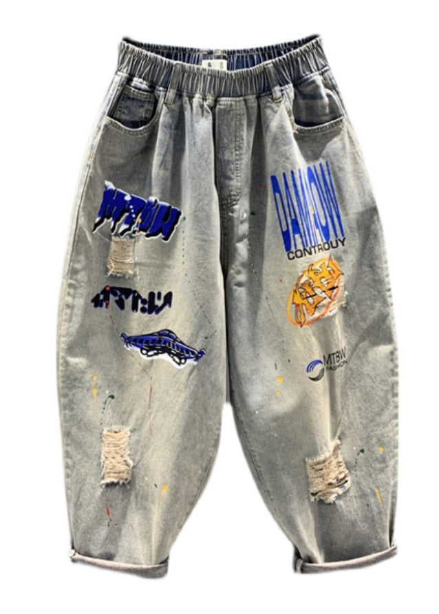 Jean court décontracté à imprimé patchwork gris clair LY7936