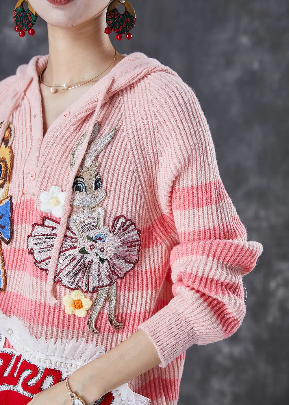 Casual Pink Animal Embroideried Patchwork Knit Pullover Tops Fall Ada Fashion