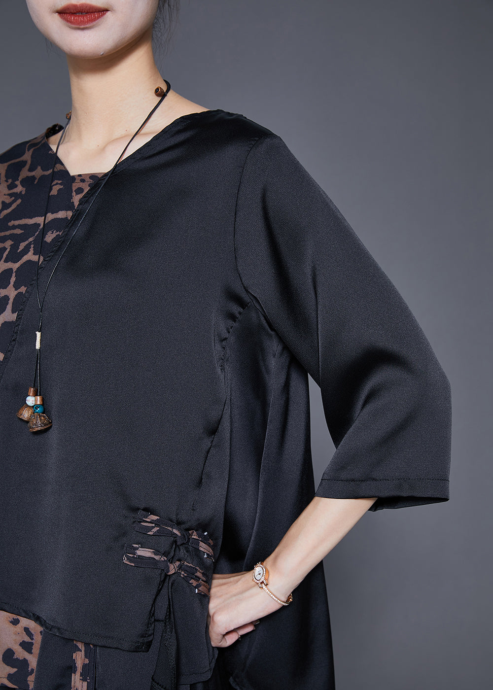 Chic Black Asymmetrical Patchwork Leopard Silk Two Pieces Set Summer Ada Fashion
