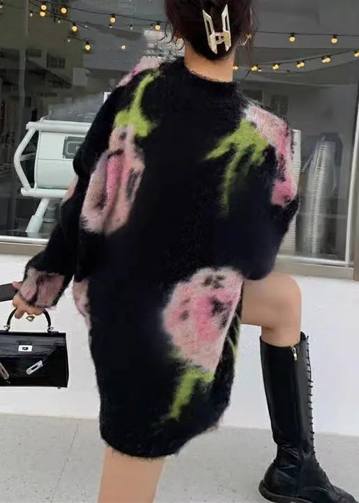 Chic Black O Neck Cozy Cotton Knit Mid Dress Long Sleeve Ada Fashion