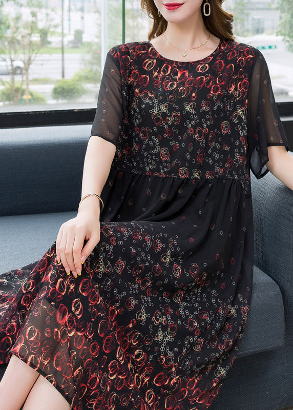 Chic Black O Neck Print Wrinkled Patchwork Chiffon Dress Summer Ada Fashion
