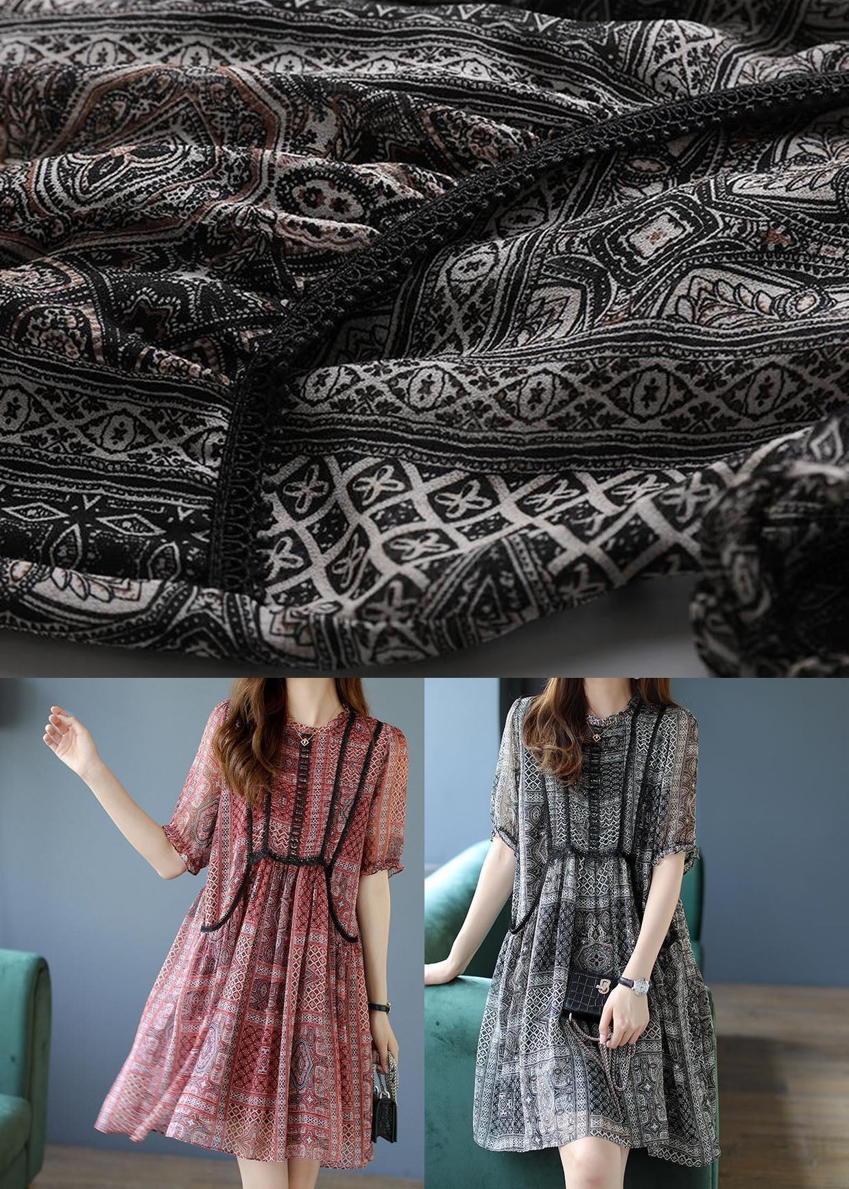 Chic Black O-Neck Ruffled Print Chiffon Party Dress Summer LY0525 - fabuloryshop