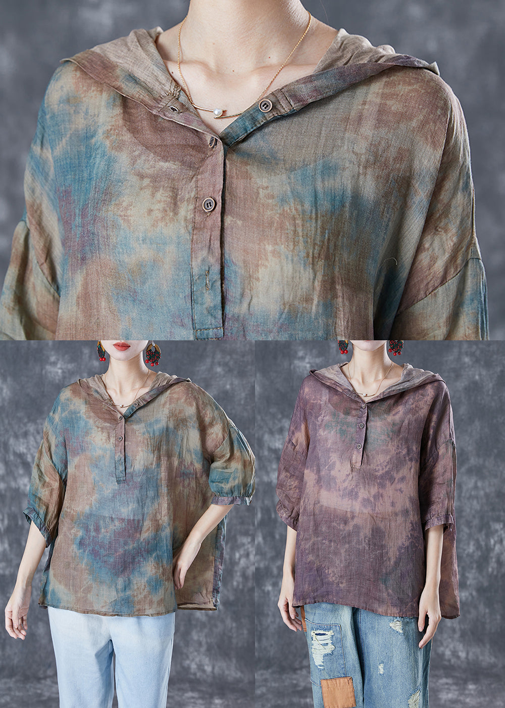 Chic Blue Oversized Tie Dye Linen Shirt Tops Bracelet Sleeve LY5069 - fabuloryshop