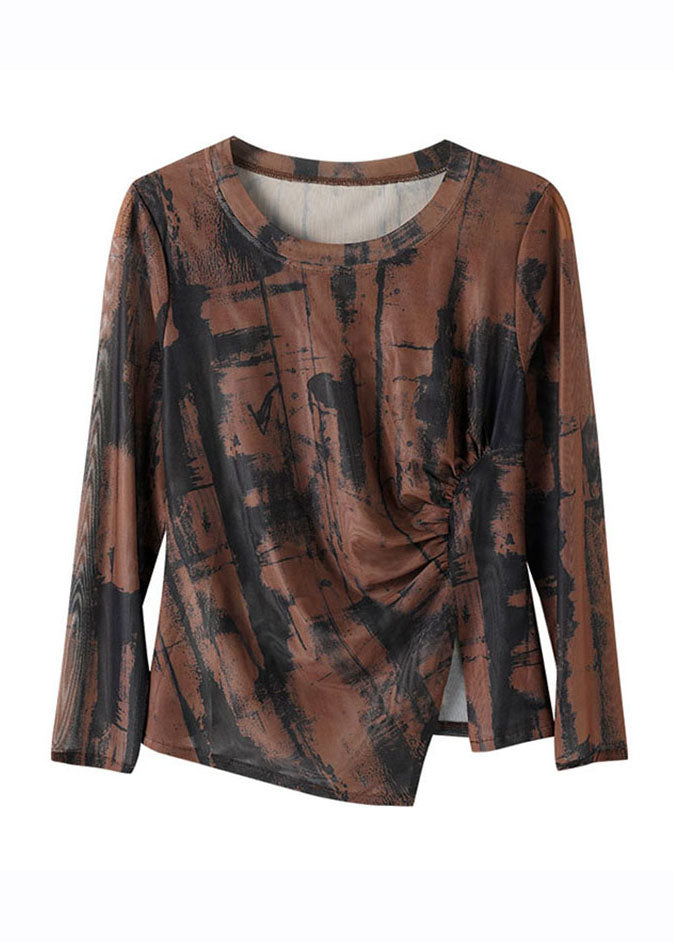 Chic Coffee Print Asymmetrical Wrinkled Top Long Sleeve Ada Fashion