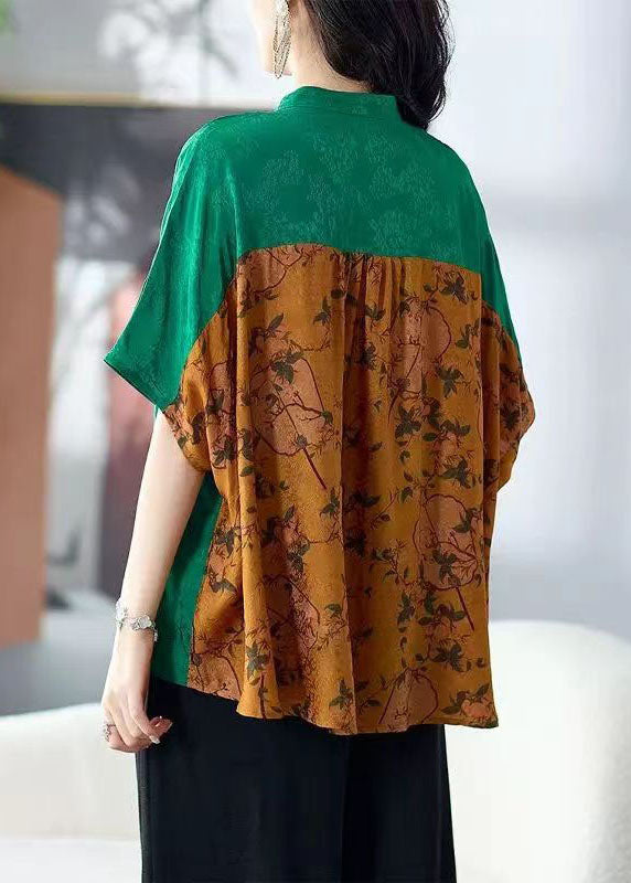 Chic Colorblock Stand Collar Tasseled Print Patchwork Silk Shirts Tops Summer TF1023 - fabuloryshop