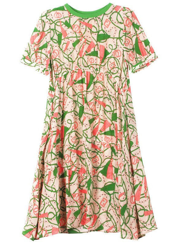 Chic Green O Neck Print Patchwork Silk A Line Dresses Summer LC0255 - fabuloryshop