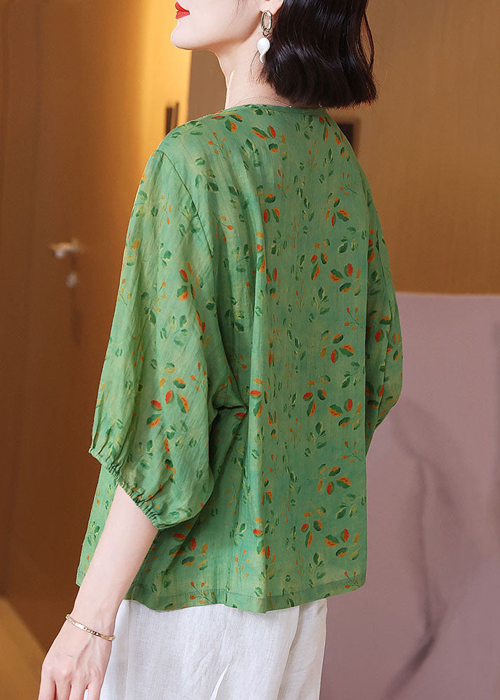 Chic Green O Neck Print Wrinkled Patchwork Linen T Shirt Tops Summer LY6896 - fabuloryshop