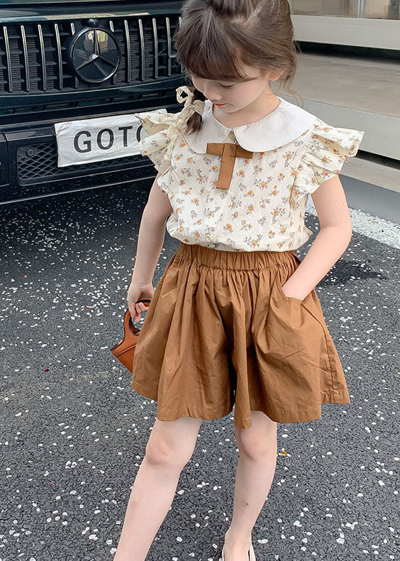 Chic Khaki Ruffled Print Patchwork Cotton Baby Girls Two Pieces Set Summer LY5513 - fabuloryshop