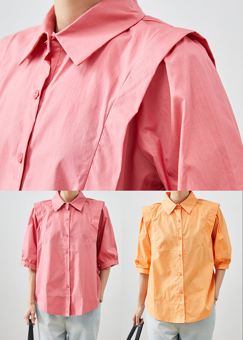 Chic Orange Peter Pan Collar Patchwork Cotton Shirts Half Sleeve Ada Fashion