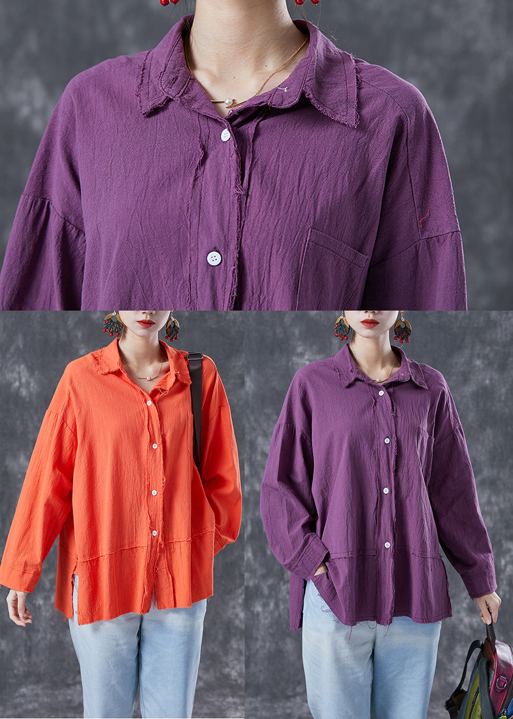Chic Purple Oversized Patchwork Linen Blouses Summer LY4130 - fabuloryshop