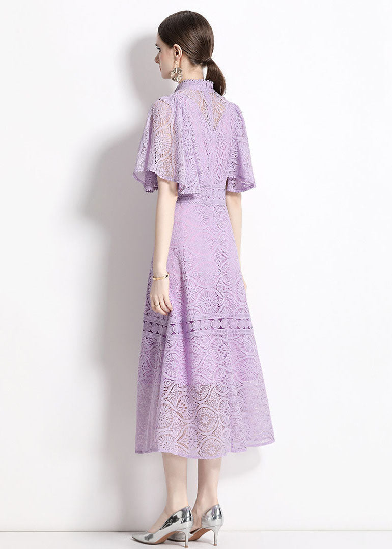 Chic Purple Stand Collar Hollow Out Patchwork Lace Dresses Butterfly Sleeve LY7418 - fabuloryshop