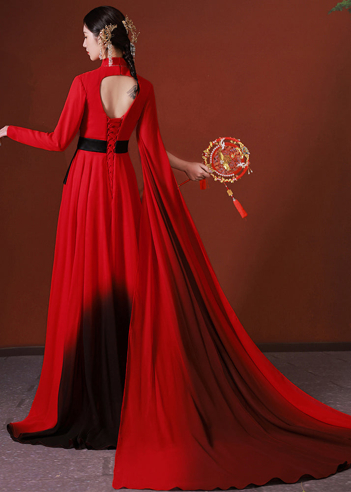 Chic Red Asymmetrical Embroideried Patchwork Chiffon Long Dress Fall Ada Fashion