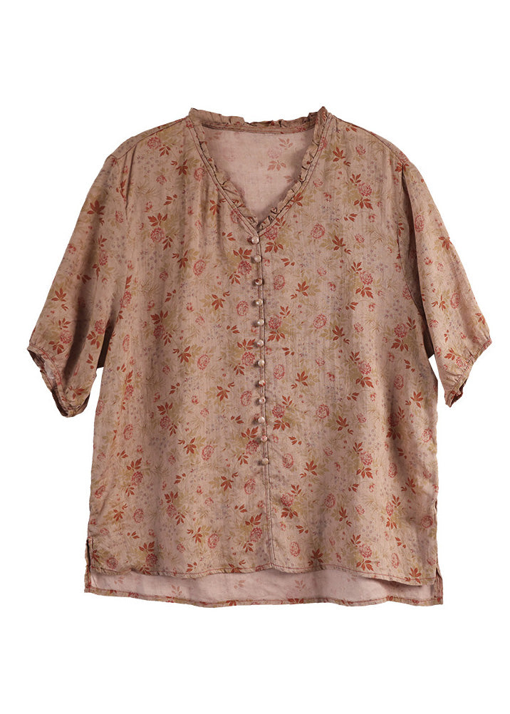 Chic Red V Neck Button Linen Top Short Sleeve LY6924 - fabuloryshop
