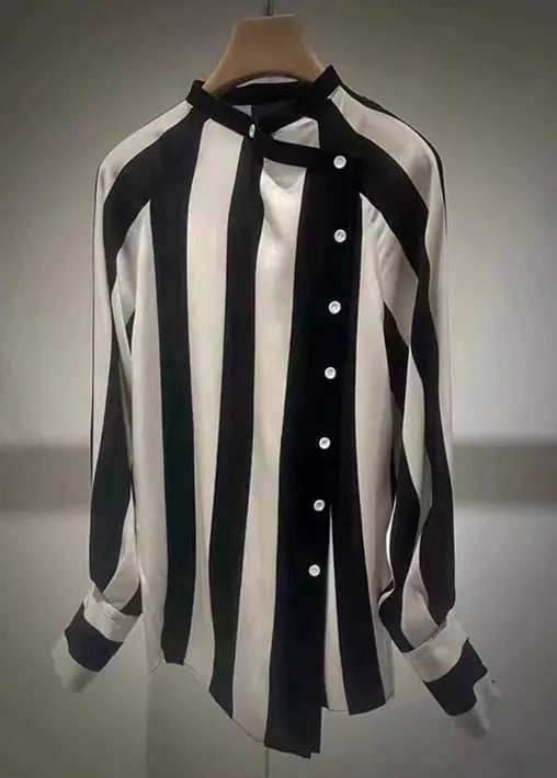 Chic Striped Asymmetrical Button Patchwork Cotton Blouses Fall Ada Fashion