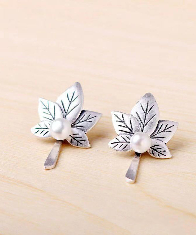 Chic Vintage Silver Maple Leaf Nail Bead Stud Earrings Ada Fashion