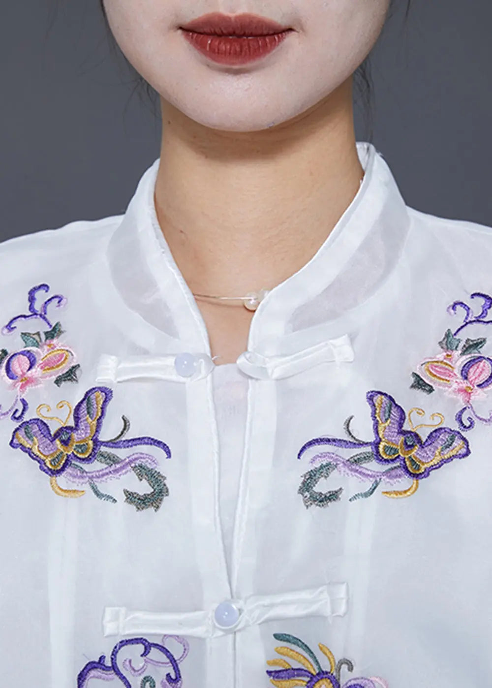 Chic White Embroideried Chinese Button Silk Two Pieces Set Fall Ada Fashion