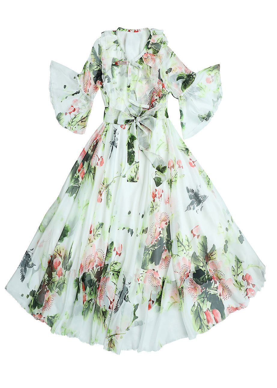 Chic White O-Neck Bow Print Ruffled Chiffon Long Beach Dresses Long Sleeve LY1773 - fabuloryshop