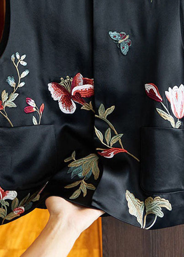 Chinese Style Black Butterfly Embroideried Patchwork Silk Vest Sleeveless LC0234 - fabuloryshop