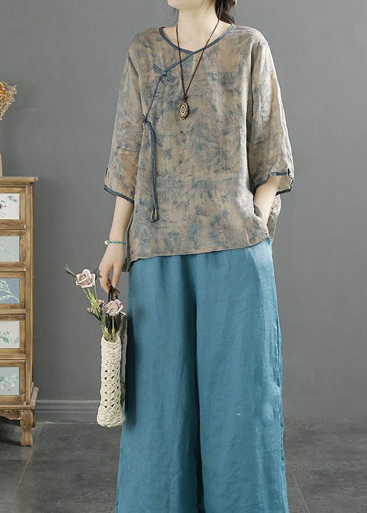 Chinese Style Blue Tasseled Button Patchwork Linen Top Summer LY4127 - fabuloryshop