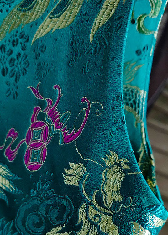 Chinese Style Peacock Blue Stand Collar Patchwork Jacquard Silk Vest Sleeveless LY1010 - fabuloryshop