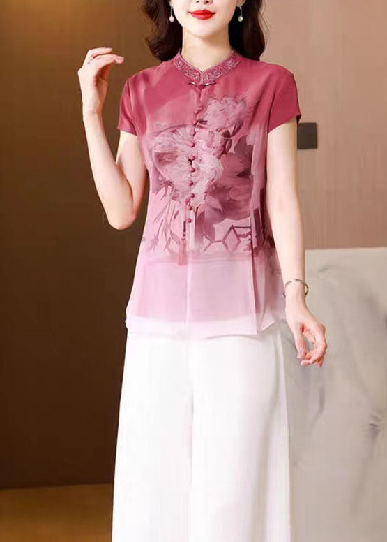 Chinese Style Pink Embroideried Button Patchwork Silk Shirt Tops Summer LY6740 - fabuloryshop