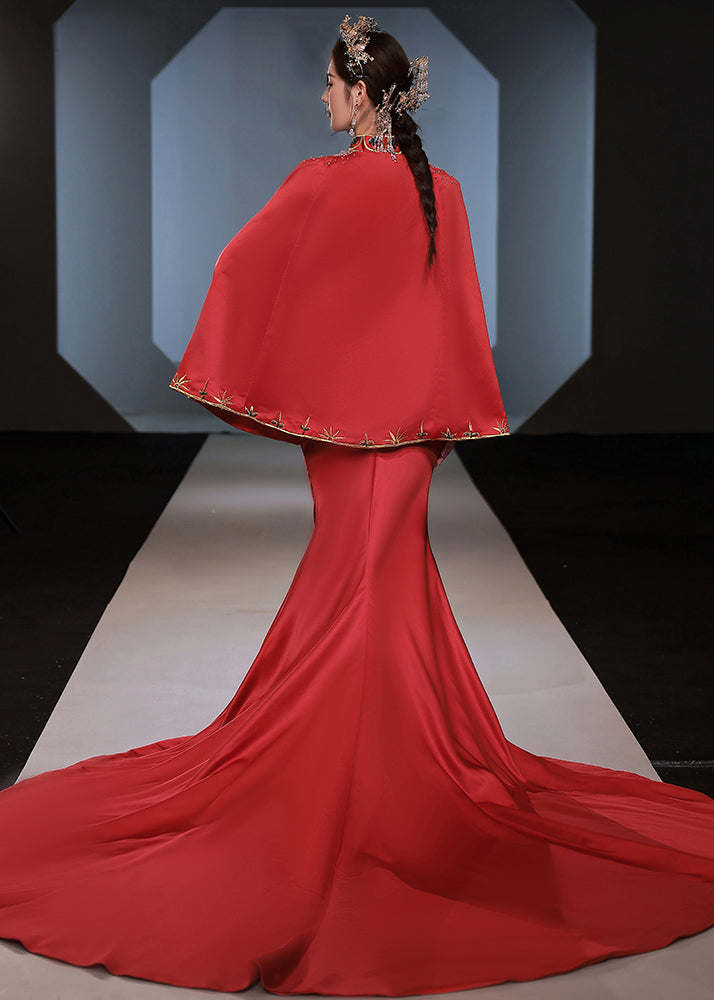 Chinese Style Red Embroideried Side Open Patchwork Silk Two-Piece Set Fall Ada Fashion
