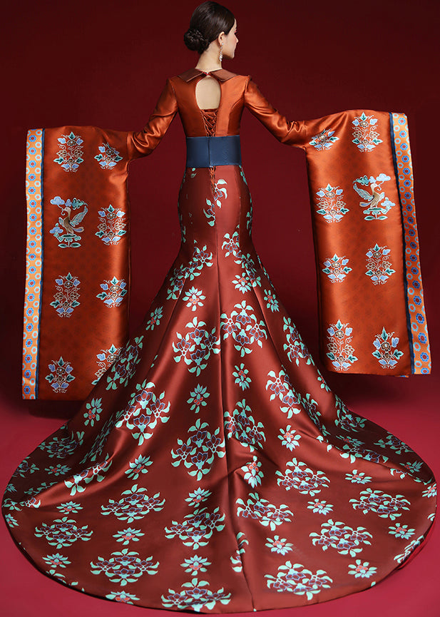 Chinese Style Red V Neck Print Patchwork Silk Maxi Dresses Fall Ada Fashion