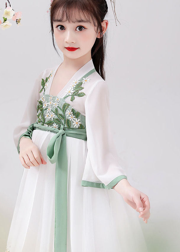 Chinese Style White Embroideried Tie Waist Patchwork Chiffon Kids Girls Dresses Summer Ada Fashion