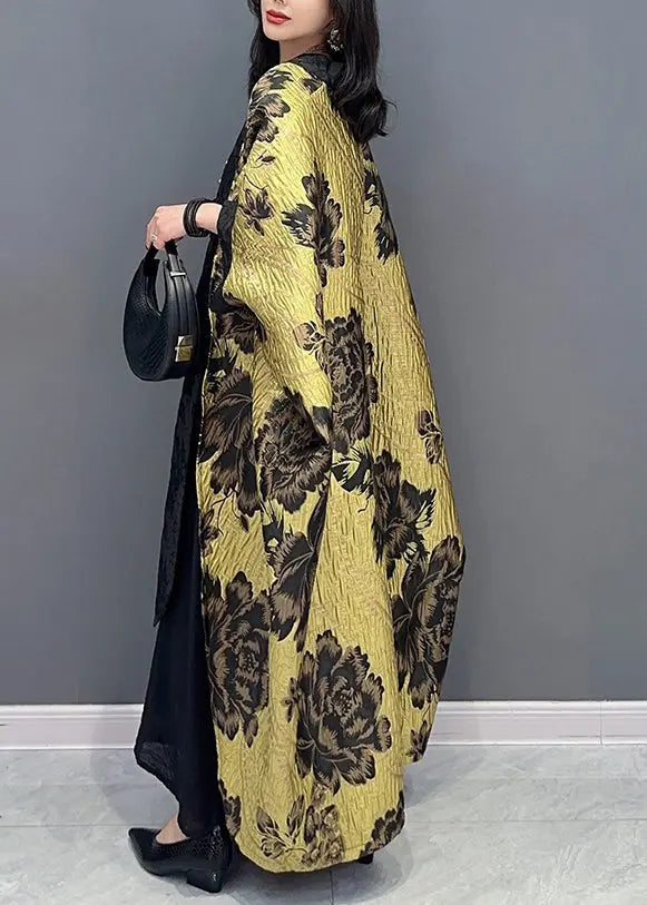 Chinese Style Yellow Floral Patchwork Cotton Cardigan Batwing Sleeve Ada Fashion