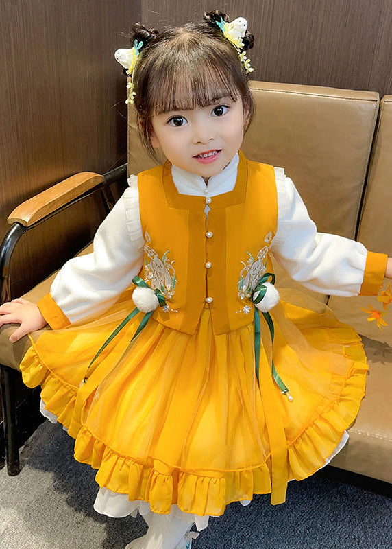 Chinese Style Yellow Ruffled Tulle Baby Girls Two Pieces Set Fall Ada Fashion