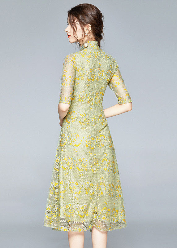 Chinese Style Yellow Stand Collar Button Patchwork Front Open Lace Dress Summer Ada Fashion