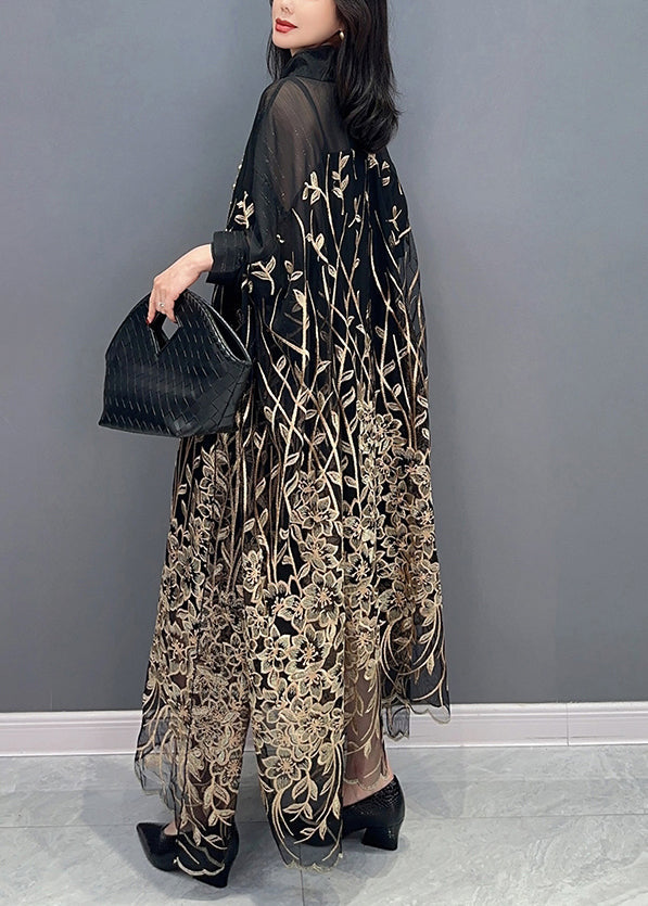 Classy Black Stand Collar Embroideried Button Tulle Maxi Dress Long Sleeve LC0357 - fabuloryshop