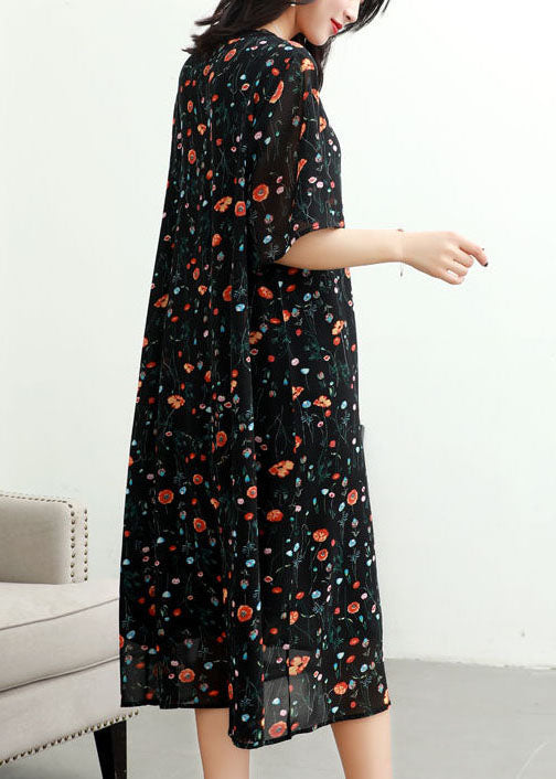 Classy Black V Neck Print Lace Patchwork Chiffon Dresses Summer Ada Fashion