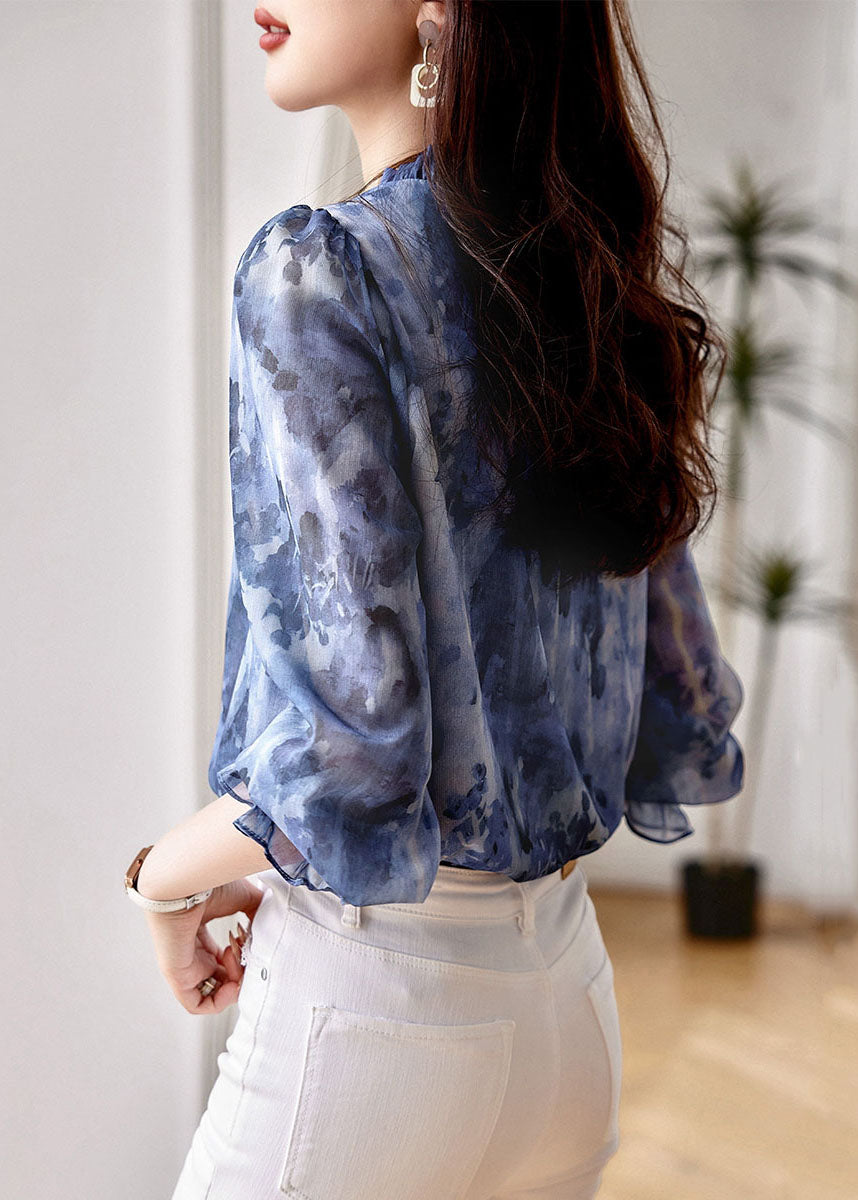 Classy Blue Ruffled Print Patchwork Chiffon Shirts Top Long Sleeve LY6980 Ada Fashion