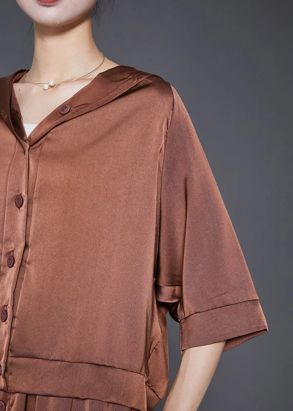 Classy Brown Hooded Button Down Silk Two Pieces Set Fall Ada Fashion