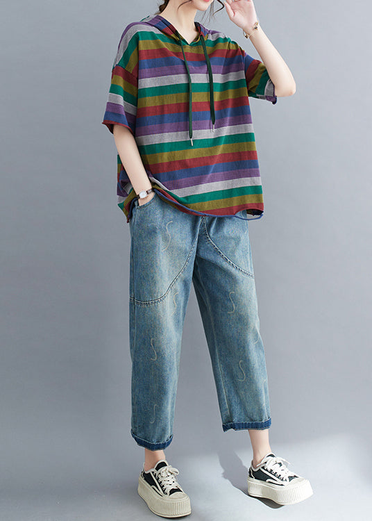 Classy Colorblock Hooded Striped Cotton Ripped Pullover Streetwear Summer LY4941 - fabuloryshop