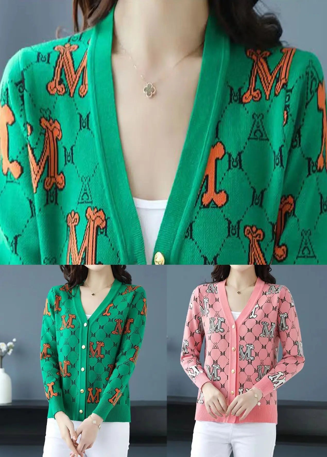 Classy Pink V Neck Jacquard Patchwork Woolen Loose Cardigans Fall Ada Fashion