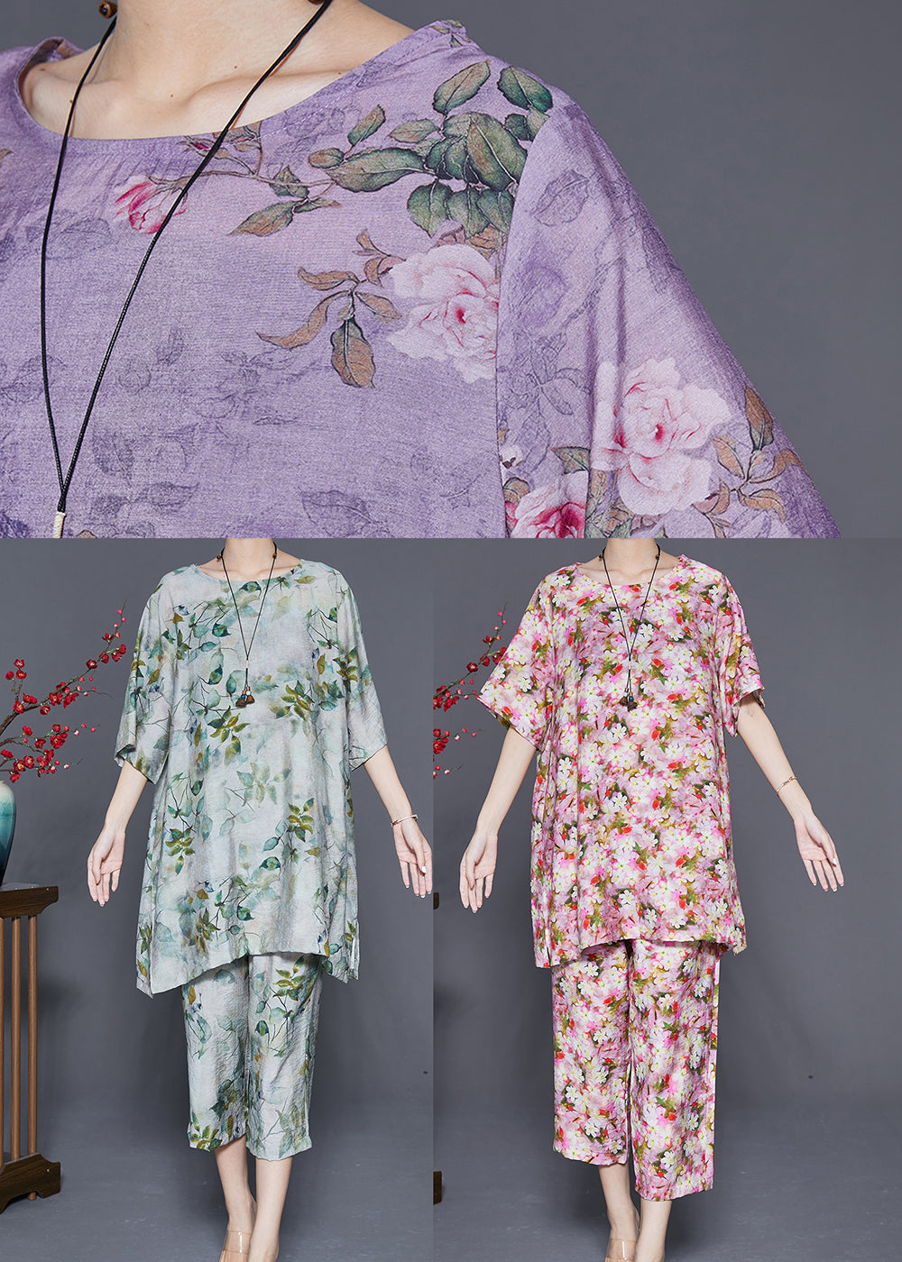 Classy Purple Oversized Print Linen Two Pieces Set Summer Ada Fashion