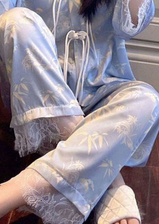 Classy Purple Tasseled Lace Patchwork Ice Silk Two-Piece Set Pajamas Long Sleeve LY2810 - fabuloryshop