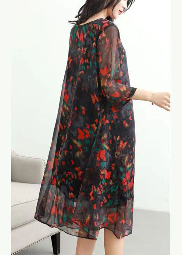 Classy Red O Neck Print Patchwork Chiffon Mid Dress Summer Ada Fashion